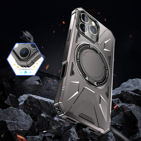 Carcasă pentru iPhone 16 Pro, blindată cu suport și placă pentru mâner, gri