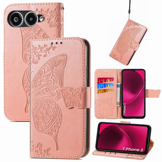 Cu clapetă pentru T Phone 3 5G, Butterfly, roz rose gold