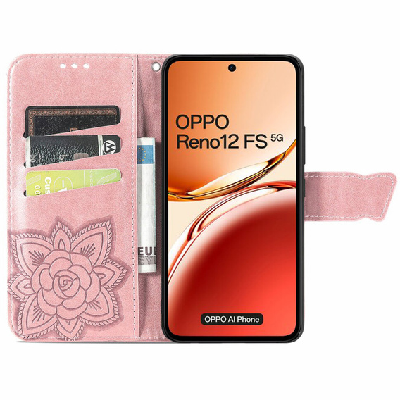 Cu clapetă pentru Oppo Reno 12FS / 12F, Butterfly, roz rose gold