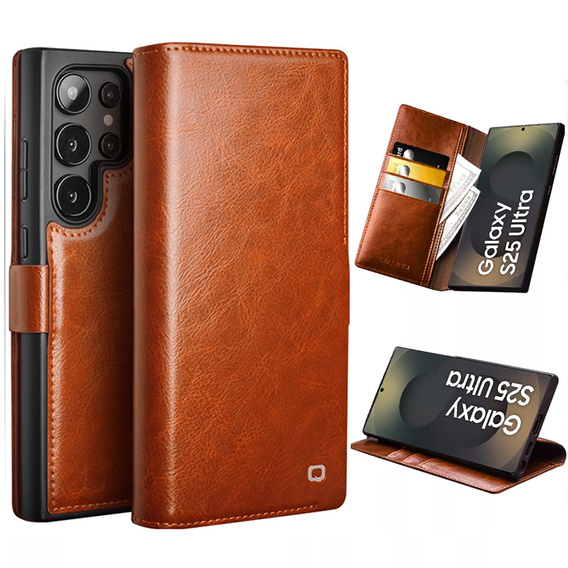 Carcasa flip pentru Samsung Galaxy S25 Ultra, QIALINO Leather Wallet, maro