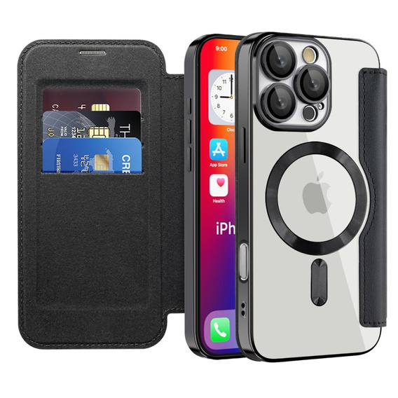 Cu clapetă pentru iPhone 16 Pro Max, RFID Wallet MagSafe CamShield, negru