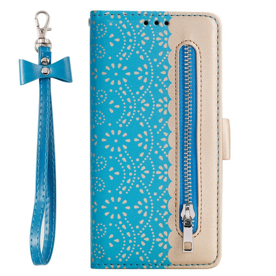 Carcasă cu clapetă pentru Samsung Galaxy S22+ Plus 5G, Wallet Pocket Zipper Lace, albastru
