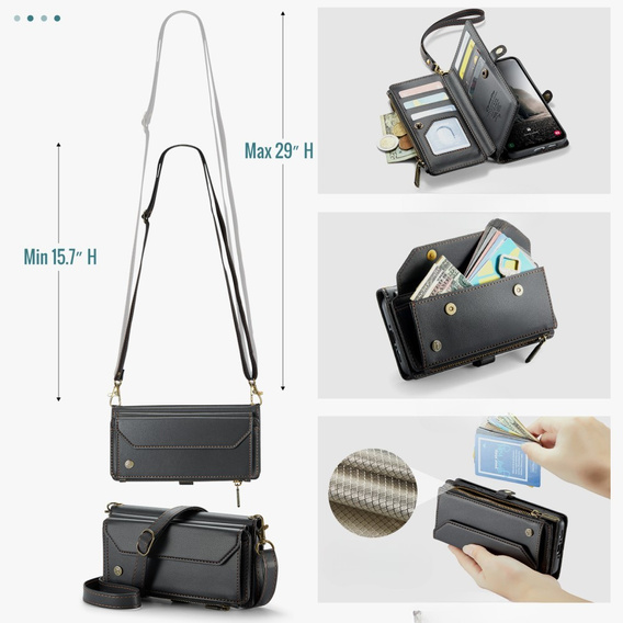 Husă CASEME pentru Samsung Galaxy A56 5G, RFID Leather Wallet, cu curea de umăr, negru
