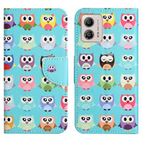 Cu clapetă pentru Motorola Moto G73 5G, Wallet, owls, albastru