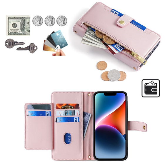 Cu clapetă pentru iPhone 14, Wallet Zipper Pocket, roz