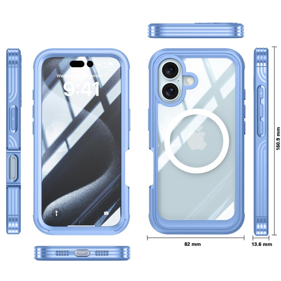 Husă pentru iPhone 16 Plus, Shockproof, cu sticlă, pentru MagSafe, albastru