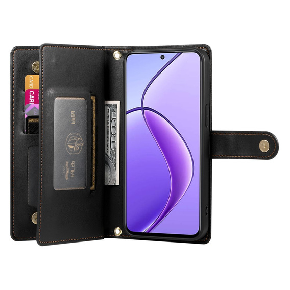 Cu clapetă pentru Realme 14 Pro+ 5G, Wallet Zipper Pocket, negru