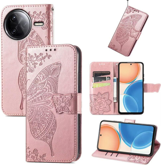 Cu clapetă pentru Xiaomi Poco F7 Ultra, Butterfly, roz rose gold