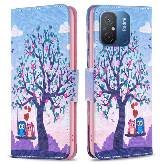 Cu clapetă pentru Xiaomi Redmi 12C, Wallet, tree & owls, albastru