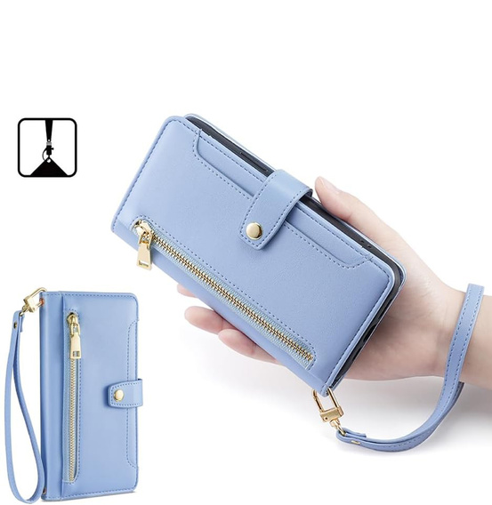 Cu clapetă pentru iPhone 16E, Wallet Zipper Pocket, albastru