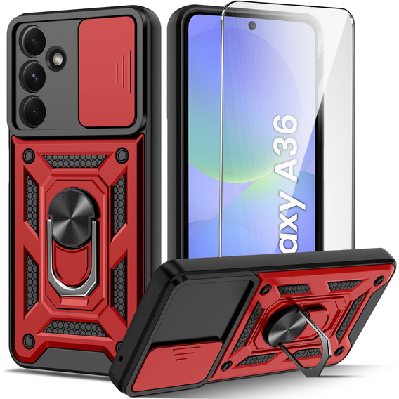 Carcasă blindată pentru Samsung Galaxy A36, CamShield Slide, roșu + sticlă călită 9H