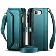 Husă CASEME pentru iPhone16e, RFID Leather Wallet, cu curea de umăr, verde