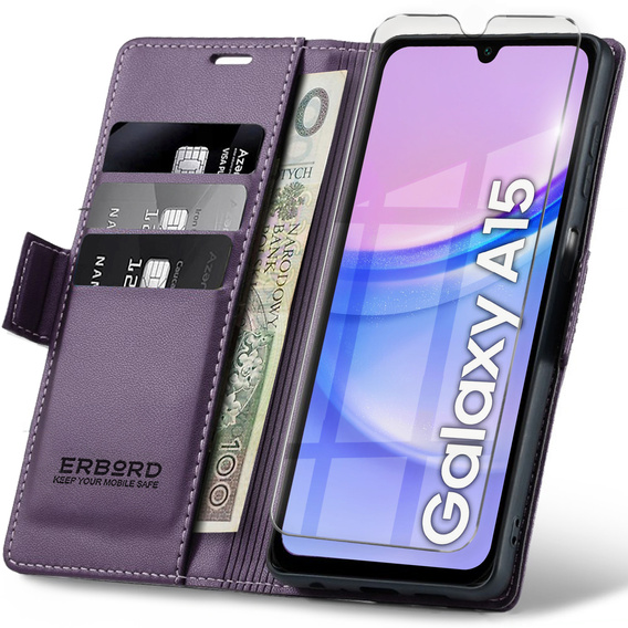 Carcasă pentru Samsung Galaxy A15 4G / 5G, ERBORD Glossy Litchi, portofel cu clapetă + sticlă temperată 9H