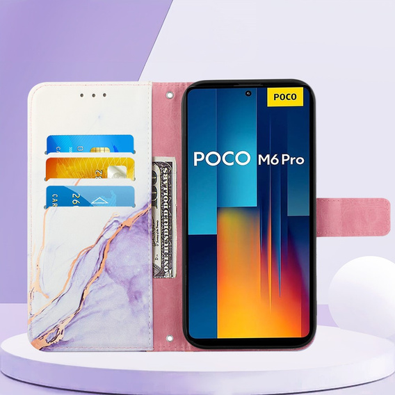 Cu clapetă pentru Xiaomi Redmi Note 13 Pro 4G / Xiaomi Redmi Note 14S / Xiaomi Poco M6 Pro 4G, Wallet, Marble violet
