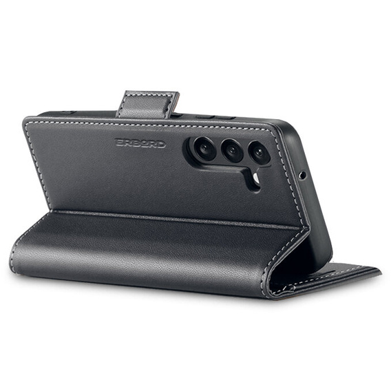 Husă pentru Samsung Galaxy A55, ERBORD Glossy Litchi, portofel cu clapetă, negru