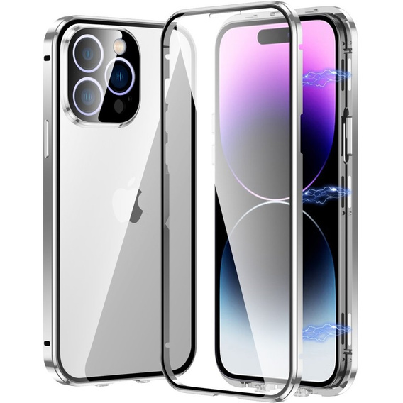 Husa pentru iPhone 15 Pro Max, Magnetic Dual Glass, de argint