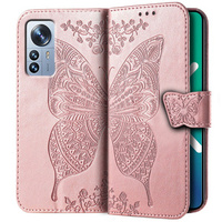 Cu clapetă pentru Xiaomi 12 Pro, Butterfly, roz rose gold