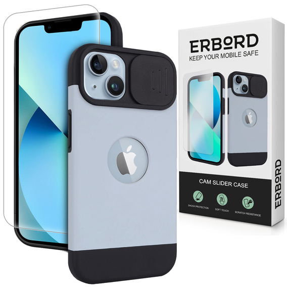Husă ERBORD MagSafe Cam Slider, albastră + sticlă pentru ecran pentru iPhone 13 / iPhone 14