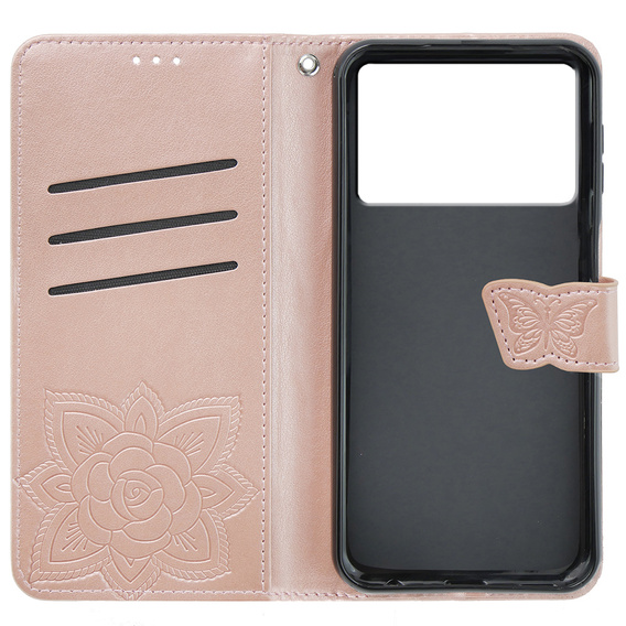 Cu clapetă pentru Xiaomi Poco F6 Pro, Butterfly, roz rose gold