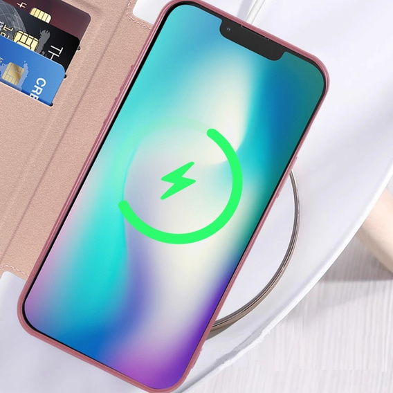 Cu clapetă pentru iPhone 15, RFID Wallet MagSafe CamShield, roz