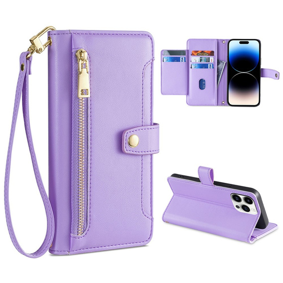 Cu clapetă pentru iPhone 14 Pro, Wallet Zipper Pocket, violet