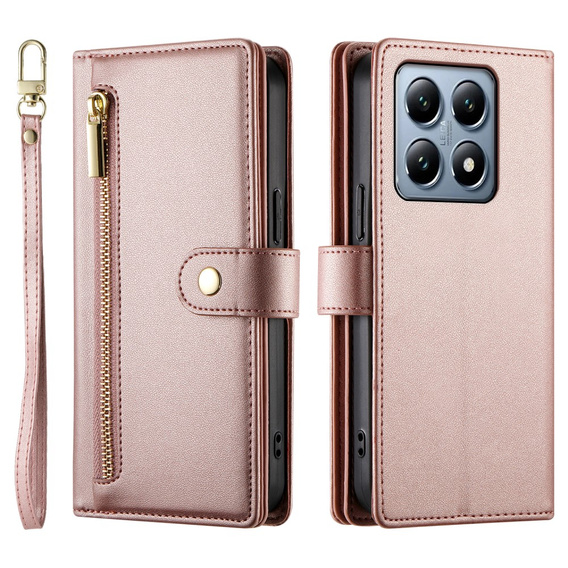 Cu clapetă pentru Xiaomi 14T Pro, Wallet Zipper Pocket, roz