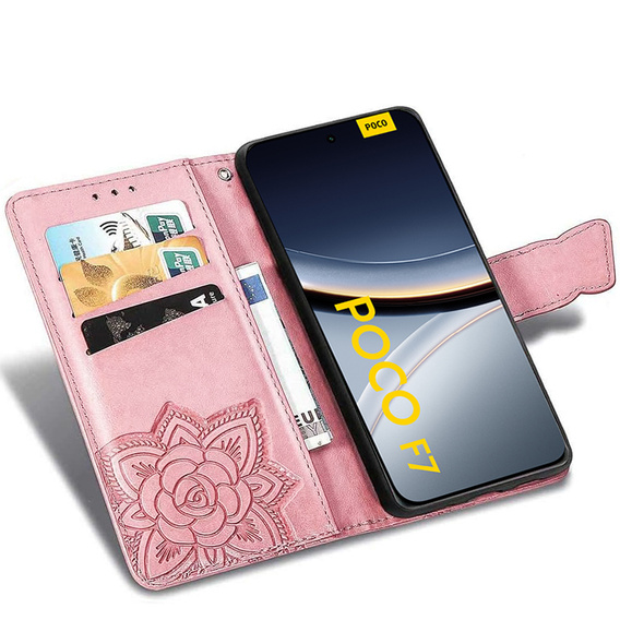 Cu clapetă pentru Xiaomi Poco F7, Butterfly, roz rose gold