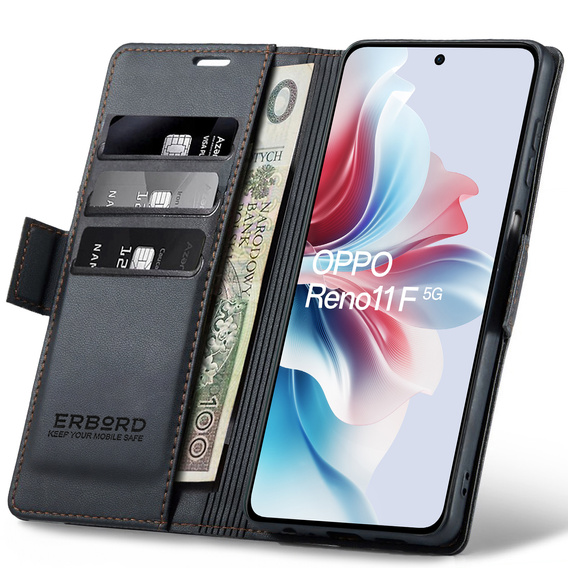 Husă pentru Oppo Reno 11F, ERBORD Glossy Litchi, portofel cu clapetă, negru