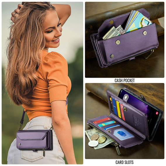 Husă CASEME pentru Samsung Galaxy S25 FE, RFID Leather Wallet, cu curea de umăr, violet