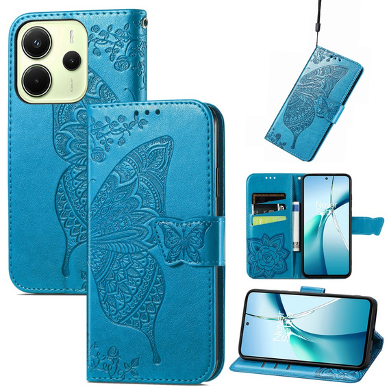 Cu clapetă pentru Xiaomi Redmi Note 14 4G, Butterfly, albastru