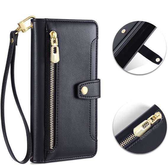 Cu clapetă pentru iPhone 16E, Wallet Zipper Pocket, negru
