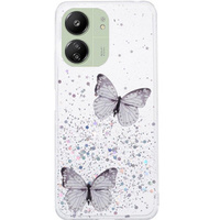 Husă pentru Xiaomi Redmi 13C / Poco C65, Glitter Butterfly, alb