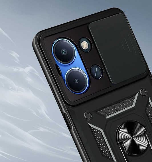 Carcasă blindată pentru Xiaomi Redmi 15C 4G/LTE, cu protecție pentru cameră, cu suport, negru