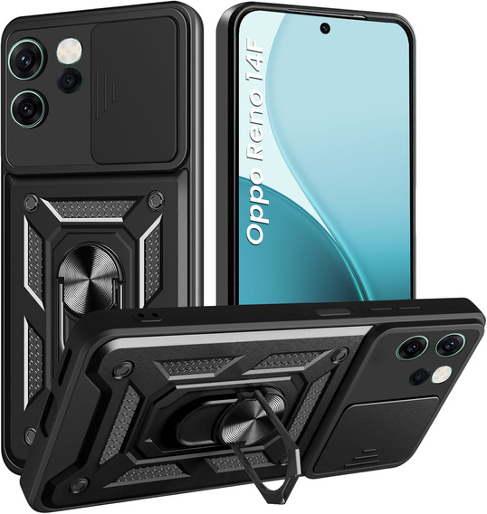 Husă blindată pentru Oppo Reno 14F, cu protecție pentru cameră, cu suport, negru