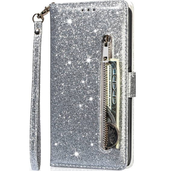 Cu clapetă pentru Samsung Galaxy A55, Wallet Zipper Pocket Glittery, de argint