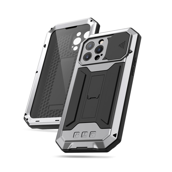 Husă pentru iPhone 13 Pro, R-JUST CamShield Slide, armată, de argint / negru
