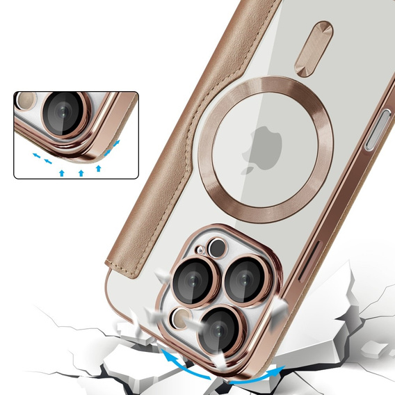Cu clapetă pentru iPhone 16 Pro, RFID Wallet MagSafe CamShield, de aur