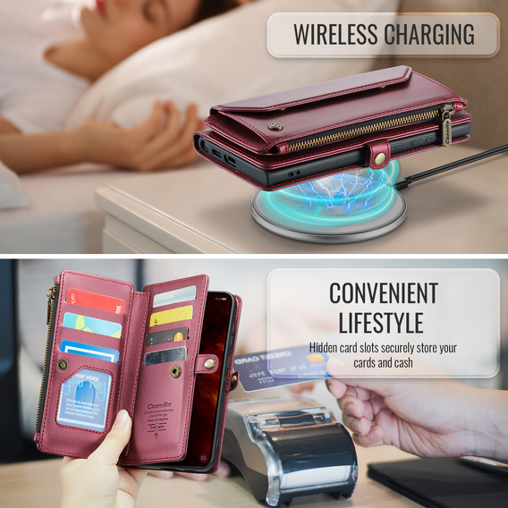 Husă CASEME pentru Samsung Galaxy S25 FE, RFID Leather Wallet, cu curea de umăr, roșu