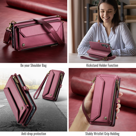 Husă CASEME pentru Samsung Galaxy S25 FE, RFID Leather Wallet, cu curea de umăr, roșu