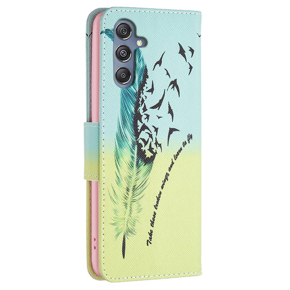 Cu clapetă pentru Samsung Galaxy M34, Wallet, feather, albastru