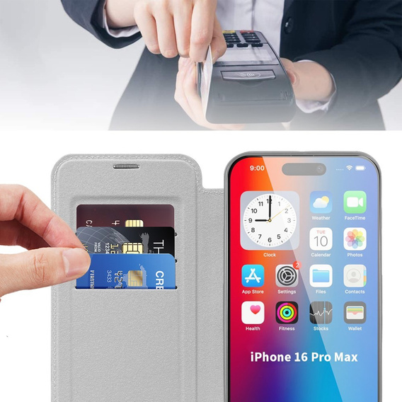 Cu clapetă pentru iPhone 16 Pro Max, RFID Wallet MagSafe CamShield, de argint