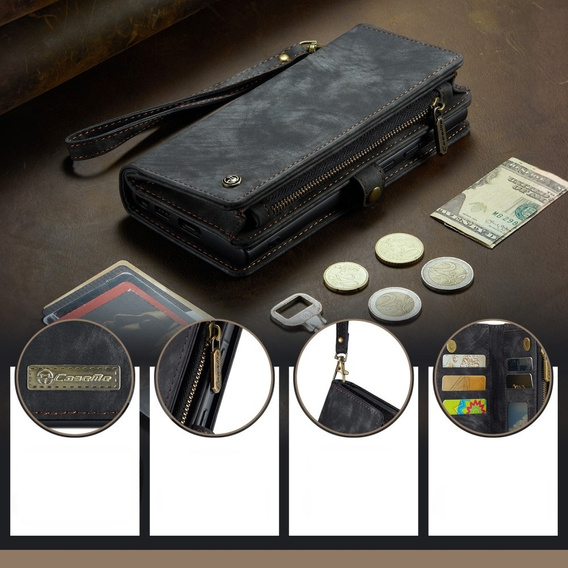 Husă CASEME pentru Samsung Galaxy A56 5G, Retro Leather Wallet, cu curea de umăr, negru