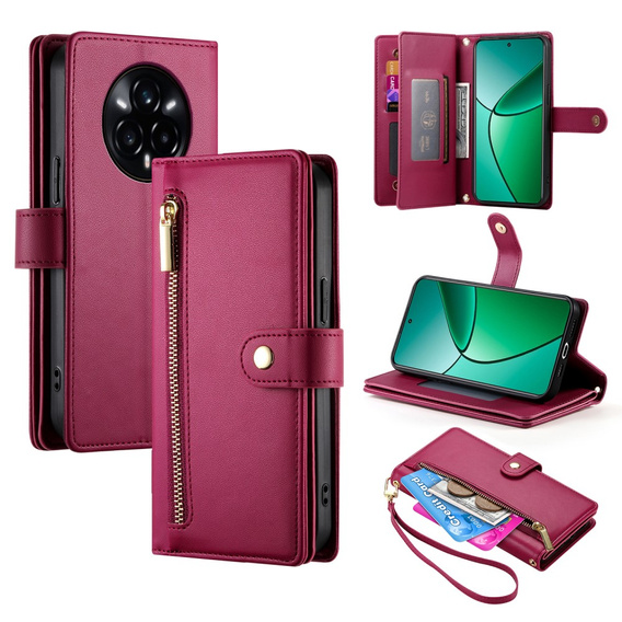 Cu clapetă pentru Realme 14 Pro 5G, Wallet Zipper Pocket, roșu
