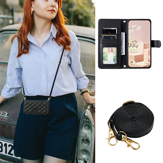 Husă cu clapetă pentru Samsung Galaxy S25 FE, Rhombus Crossbody Leather, negru
