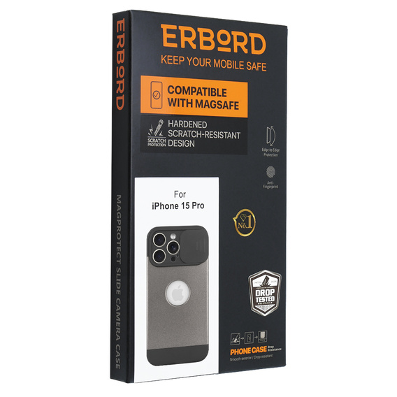 Huse pentru iPhone 15 Pro, ERBORD MagProtect Slide Camera, gri titan