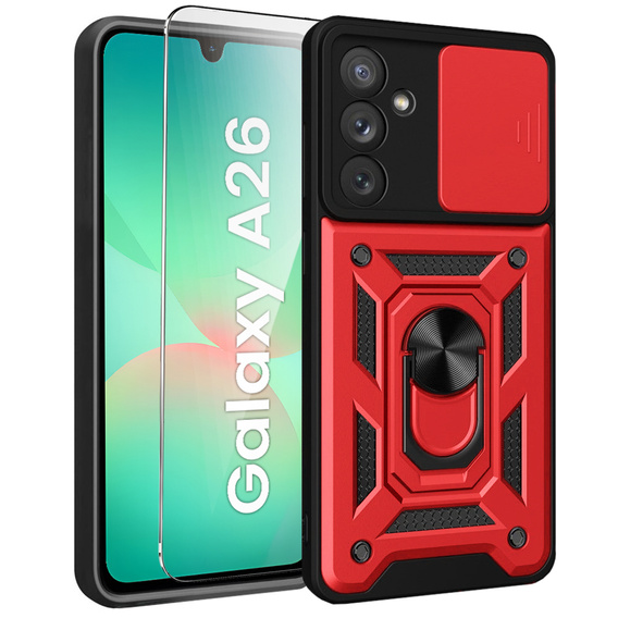 Carcasă blindată pentru Samsung Galaxy A26, CamShield Slide, roșu + sticlă călită 9H