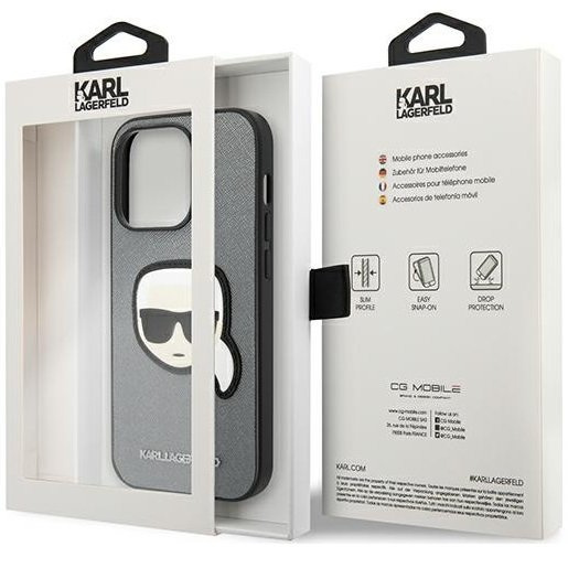 Karl Lagerfeld Huse pentru iPhone 14 Pro Max, Saffiano Karl's Head Patch, de argint