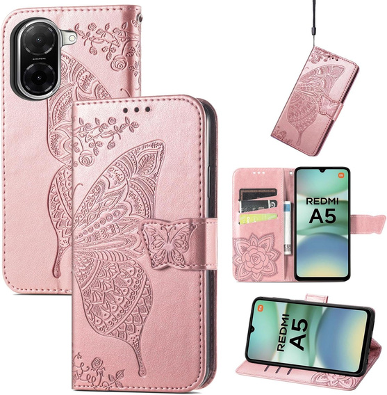 Cu clapetă pentru Xiaomi Redmi A5, Butterfly, roz rose gold