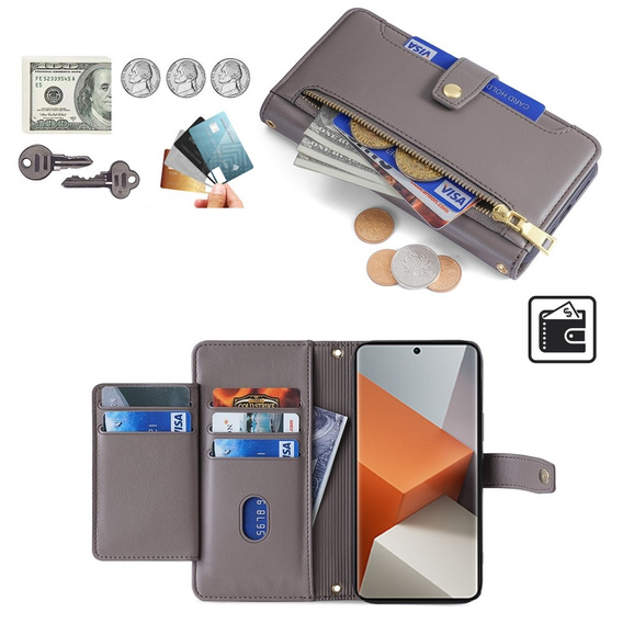 Cu clapetă pentru Xiaomi Redmi Note 13 Pro+, Wallet Zipper Pocket, gri