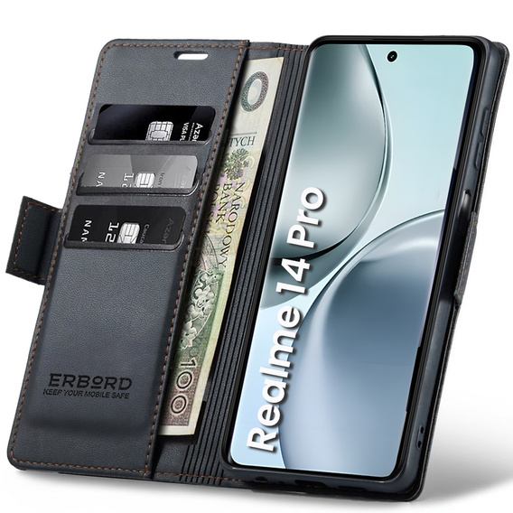 Husă pentru Realme 14 Pro 5G, ERBORD Glossy Litchi, portofel cu clapetă, negru